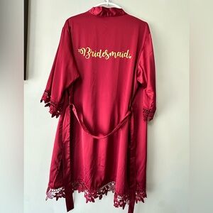 Burgundy Satin Bridesmaid Robe with Floral Lace Trim - One Size - Wedding Prep